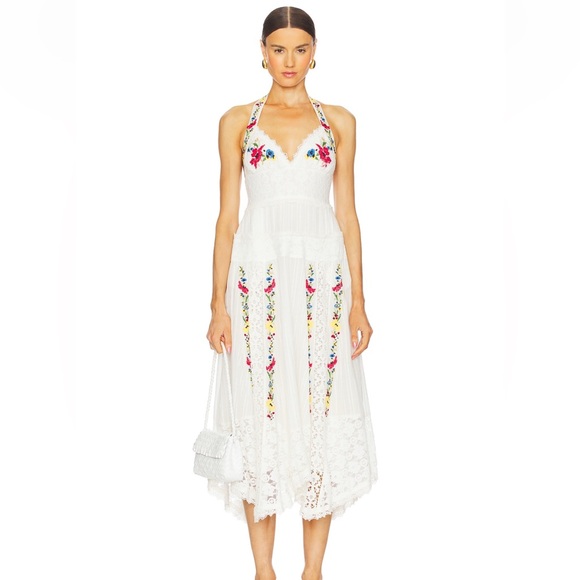 Free People Dresses & Skirts - Free People White Halter Midi Dress with Floral Embroidery